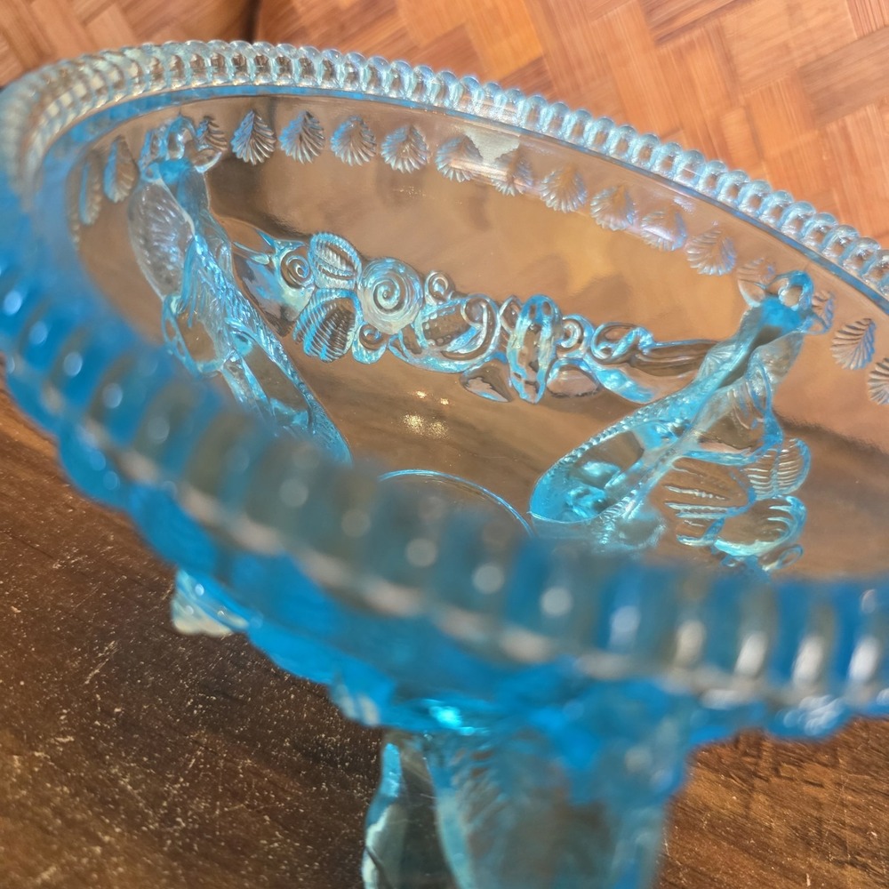 Westmoreland Argonaut Shell & Dolphin Aqua Footed Glass Candy Dish With Lid Blue - Picture 6 of 11